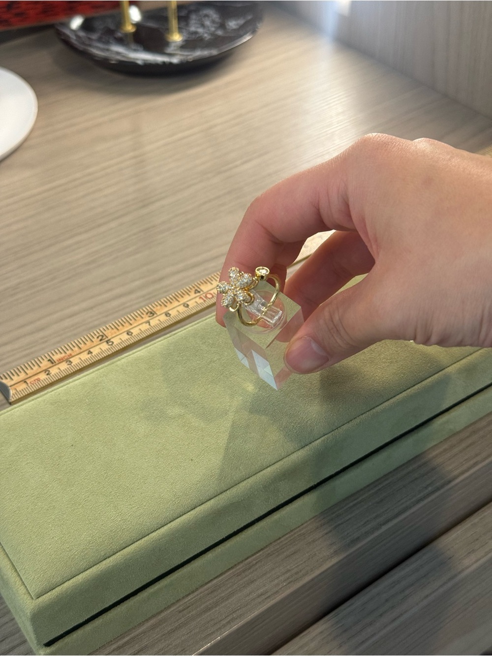 Gold Floral Crystal Ring with Clear stone One Size Adjustable Band